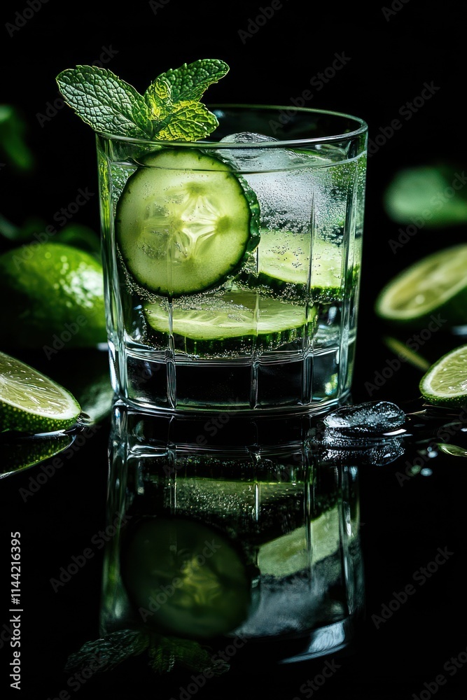 Poster refreshing cucumber drink with ice, mint, and lime.