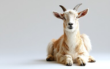 A light brown goat sitting on a light gray background, looking directly at the camera.