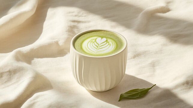 Japanese green tea matcha latte ceramic cup white cloth tea leaves minimalist soft light presentation