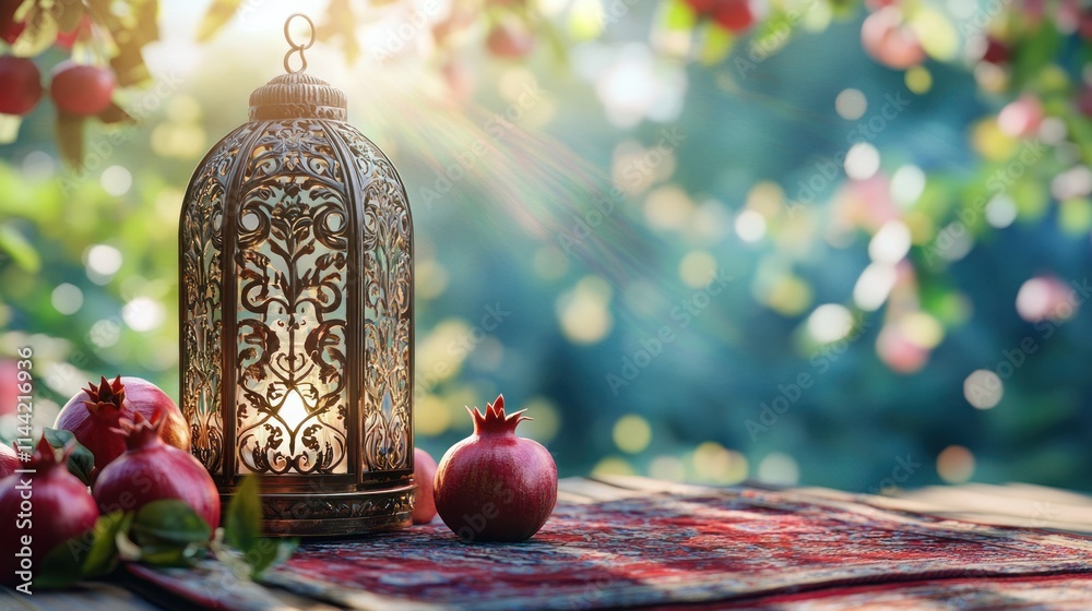 Aufkleber Ornate lantern with pomegranates on patterned cloth.