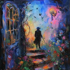 Solitary figure stands stairs adorned flowers holding sword amidst dreamlike landscape birds skull under colorful sky full moon