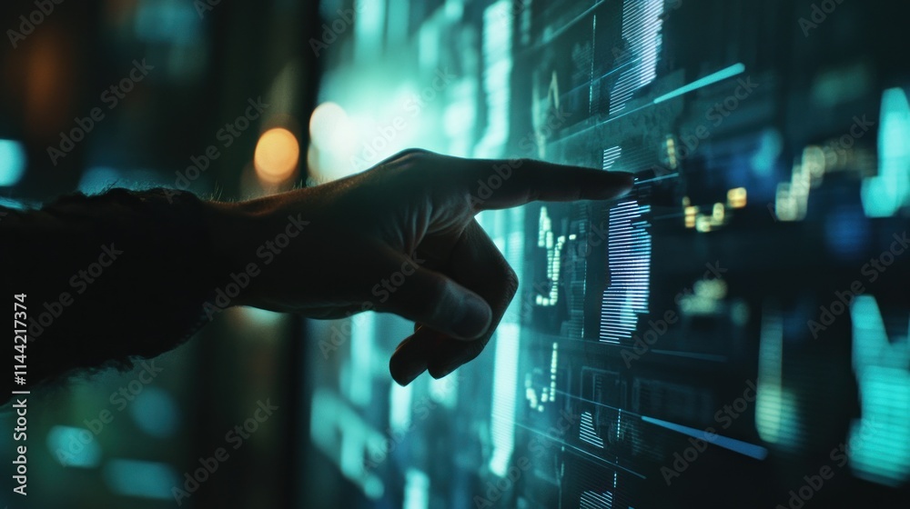 Poster Man?s hand touches a screen with charts and data.