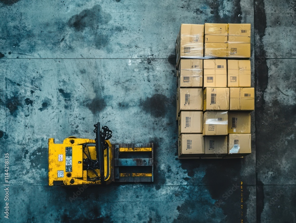 Poster Forklift loading stack of cardboard boxes.