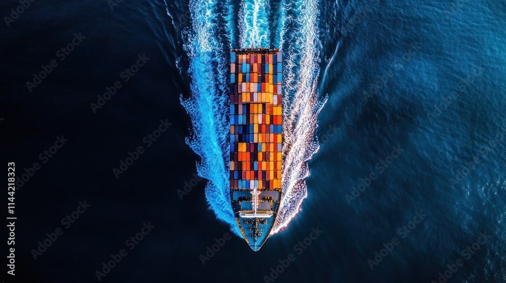 Poster Cargo ship sailing creating wave patterns, top down view.