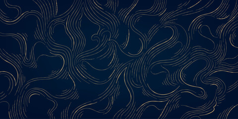 Vector gold line wood texture illustration, organic shape wave pattern, abstract luxury tree graphic, trunk circles, topography map background