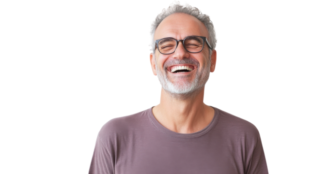 A Middle Aged Man Expressing Joy with a Big Hearty Laugh, Perfect for Capturing the Essence of Happiness in Lifestyle Imagery and Moods.