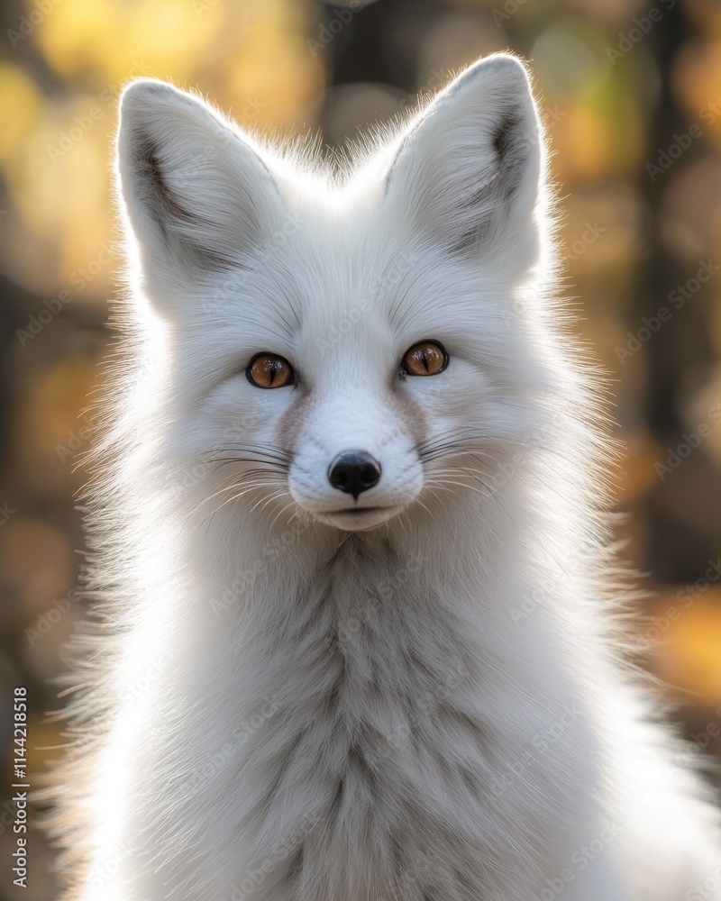Poster white fox portrait with fall bokeh background.