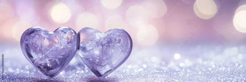 Poster two crystal hearts on a glittery surface with bokeh light.