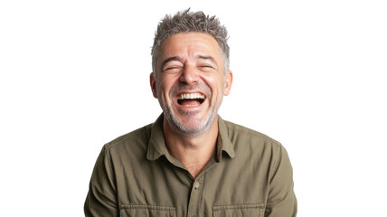A Middle-Aged Man Laughing Nervously Against a White Background: Perfect for Psychological or Emotional Exploration in Creative Projects.