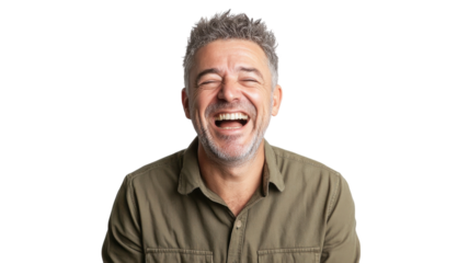 A Middle-Aged Man Laughing Nervously Against a White Background: Perfect for Psychological or Emotional Exploration in Creative Projects.