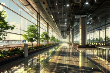 Obraz premium Sunlight is shining through the large windows of an empty airport terminal