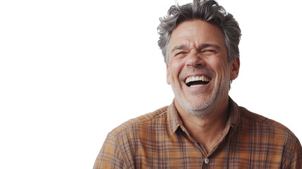A Middle Aged Man Laughing Nervously in a Bright and Clean Environment, Ideal for Business and Personal Growth Themes.