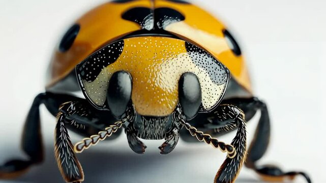 Bright yellow ladybug resting on a smooth surface showcasing its unique patterns and textures