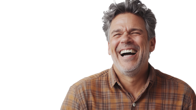 A Middle Aged Man Laughing Nervously in a Bright and Clean Environment, Ideal for Business and Personal Growth Themes.