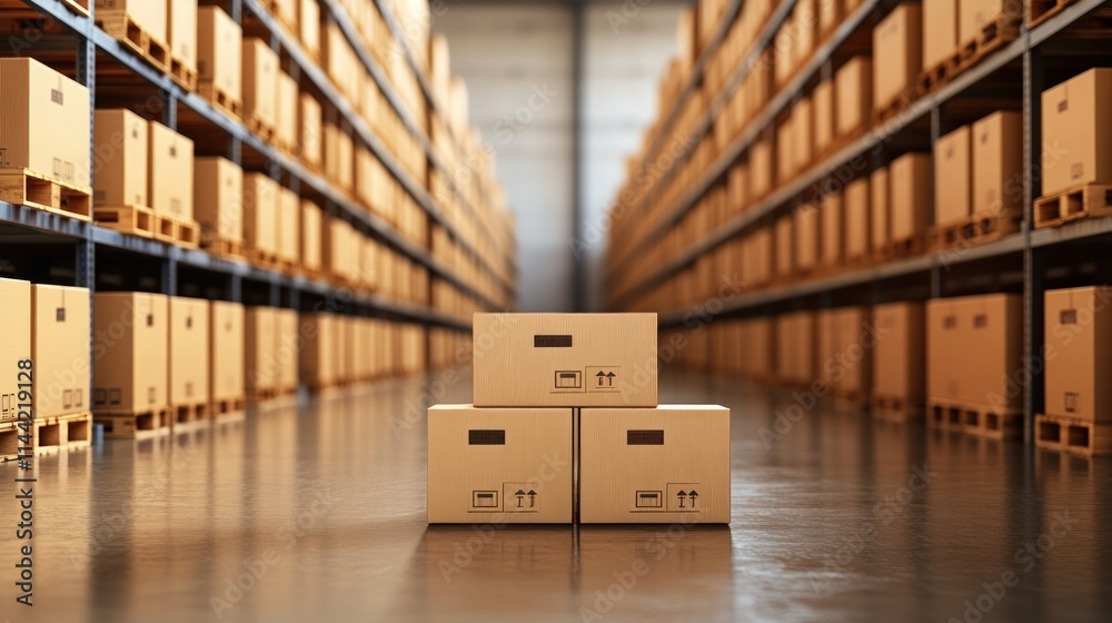 Poster boxes stacked in warehouse aisle with shelves.