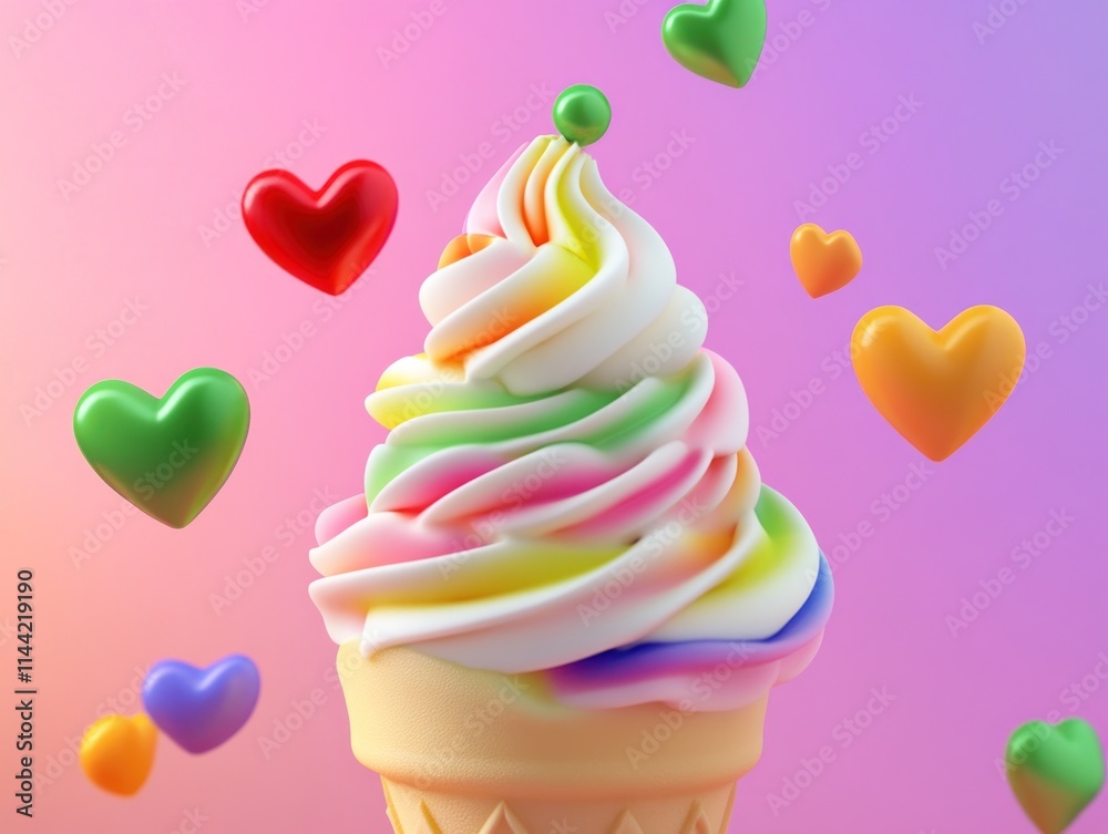 Poster swirled colorful ice cream cone with floating hearts.