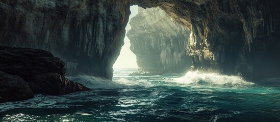 Ocean waves crashing into a dark sea cave.
