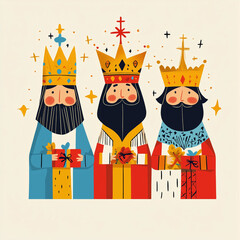 Whimsical Illustration of the Three Wise Men with Crowns and Gifts in Festive Style