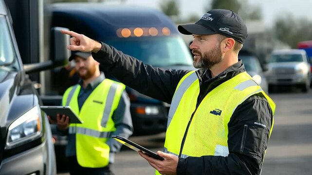 A fleet supervisor in a safety vest leans against a truck while scrolling through his tablet