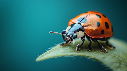 Fototapeta premium Close-up of a ladybug on a green leaf against a teal background.