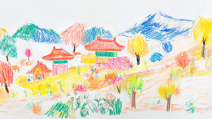 Obraz premium クレヨンで描いた日本の春の野山の風景画 Generative AI