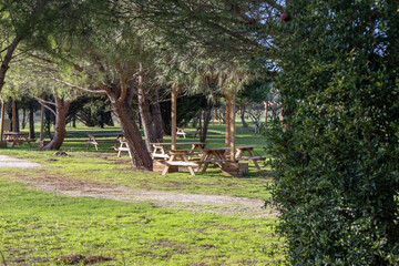 Picnic area with wooden tables and benches in loureshopping green park, loures, portugal
