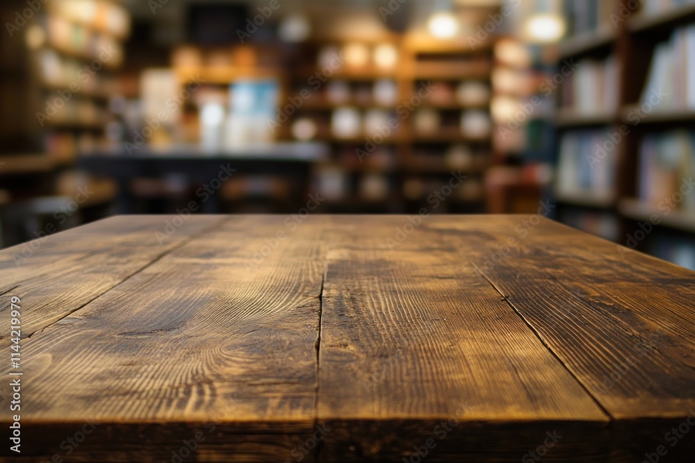 Poster wood table with blurred bookshelf in background.