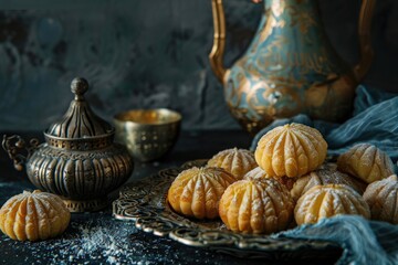 maamoul or mamoul for eid and ramdan on dark background with old vase