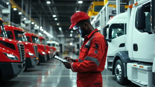 In a brightly lit industrial setting, a fleet supervisor reviews a maintenance checklist on his tablet while walking past a line of trucks.