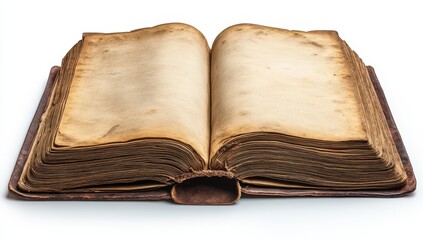 A large, open ancient book with weathered pages and a leather spine on a white background