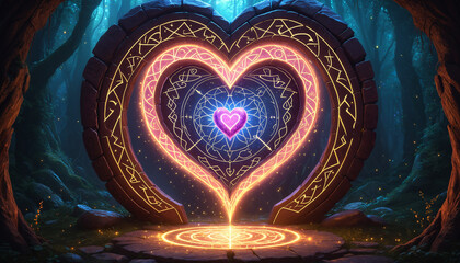Fototapeta premium Magic glowing heart in the dark forest