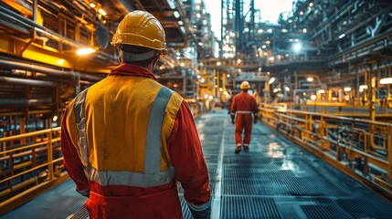 Oil workers working on rig in industrial facility dynamic environment professional viewpoint