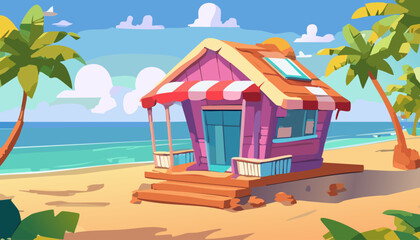 House on the beach. Vector illustration in cartoon style. Summer vacation concep