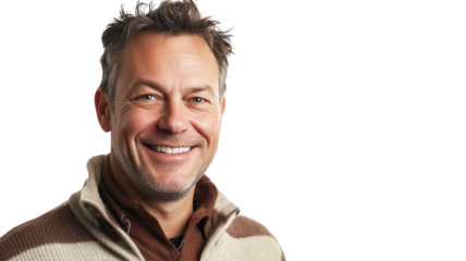 A Middle-Aged Man with a Warm Reassuring Smile Perfect for Illustrating Confidence and Approachability in Diversity and Inclusivity Marketing Campaigns.