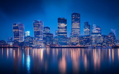 Naklejka premium Night cityscape skyline reflecting in calm water.