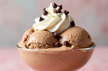 closeup of mocha mousse colored delicious ice cream sundae topped with whipped cream and chocolate chips in glass bowl, against pastel backdrop. refreshing summer dessert menu poster, promotion.