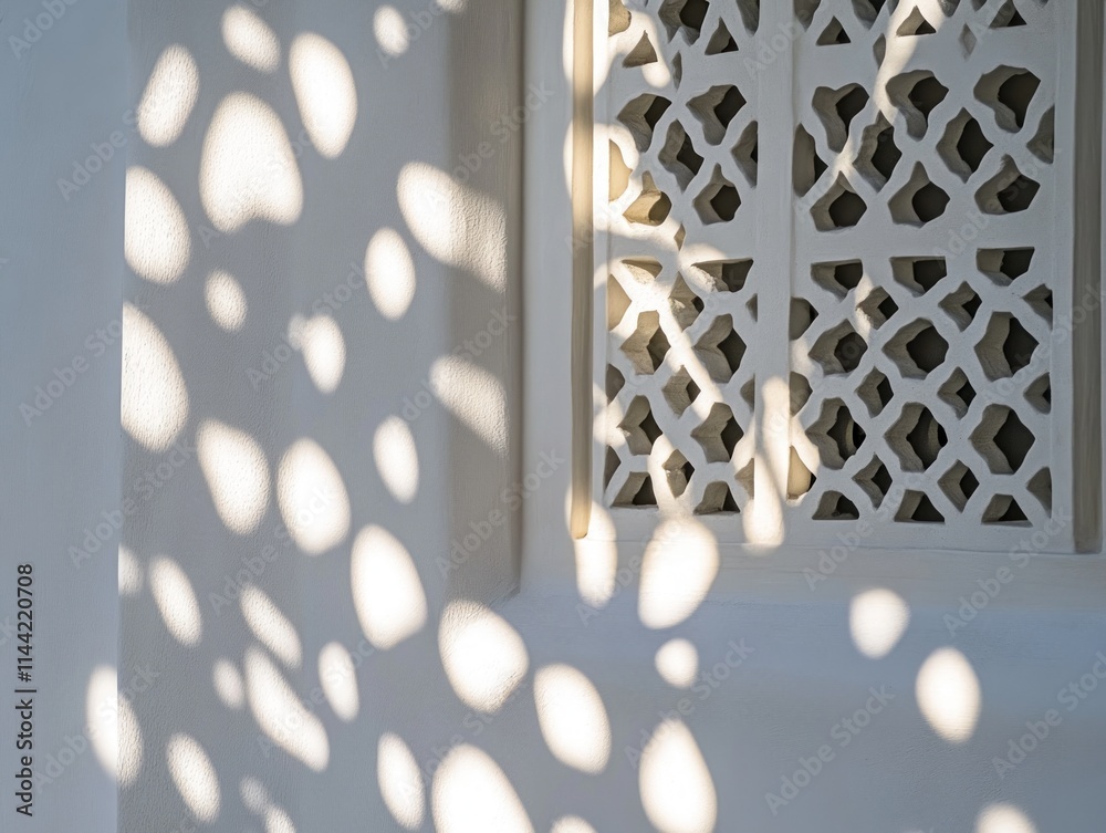 Poster shadows cast on white wall through patterned window.