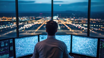 Air traffic radar screen with real-time flight paths, professional controller at work, airport runway in background, operational hub, aviation interface, cutting-edge airspace management system,