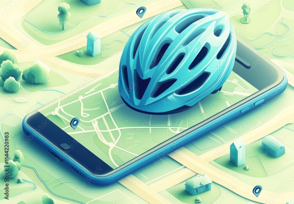 Poster bicycle helmet on smartphone screen with map background.