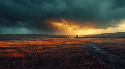 Obraz premium Stormy Skies Over Callanish 4 Stone Circle: Dramatic Landscape Storm Clouds Bokeh Effect Ancient Megaliths Featuring Mystical Elements Natural Phenomena Dusk