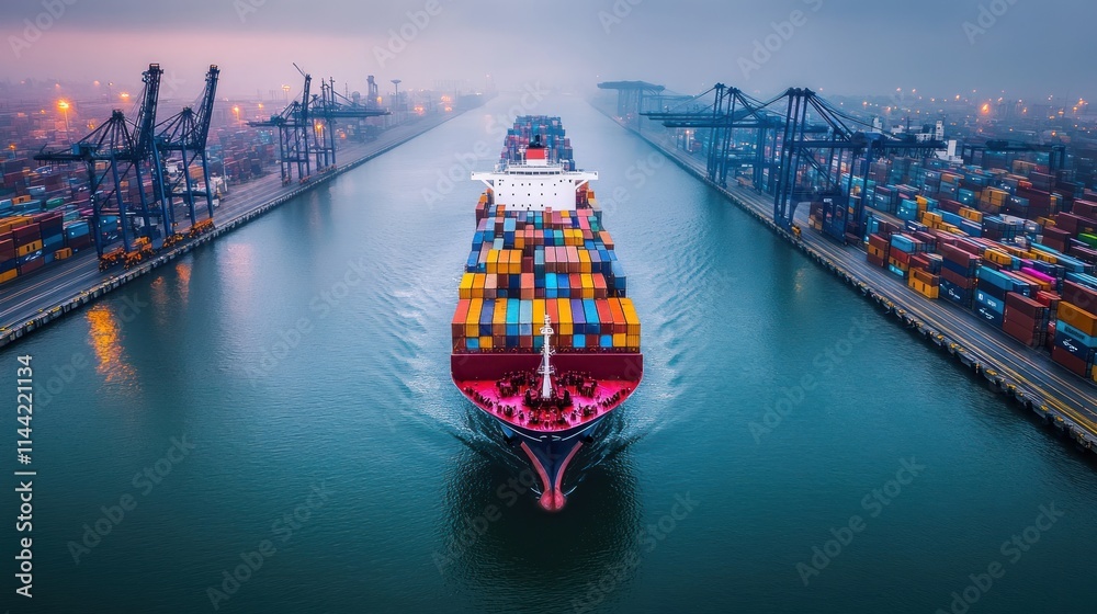 Poster Container ship navigating a port.