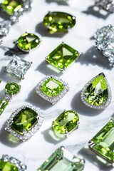 Green gemstones set against white marble background.