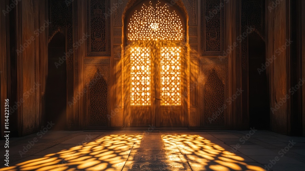 Leinwandbilder sunlit intricate latticed window in stone wall casting shadow patterns.