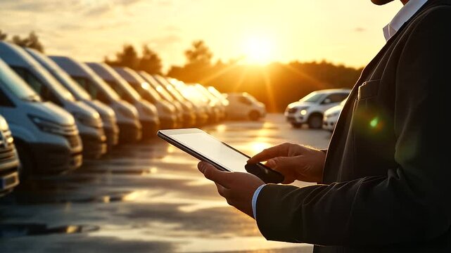 A fleet supervisor holding a tablet gestures toward a parked truck, the sun reflecting off the tablet screen and the vehicles' polished surfaces.
