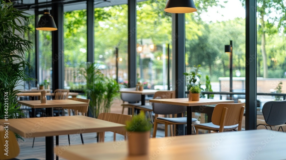 Poster empty restaurant with wooden tables and chairs by large windows.