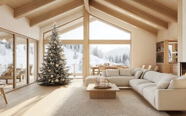 A Scandinavian-inspired living area featuring a frosted Christmas tree and natural wood accents