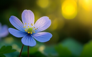 Fototapeta premium Close-up of a delicate light blue flower with yellow center, backlit by warm sunlight.