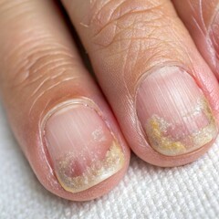 Fototapeta premium Detailed macro shot of nail psoriasis symptoms, featuring pits, ridges, and nail discoloration