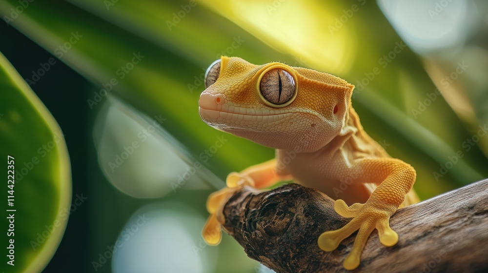 Aufkleber close up of yellow gecko on branch, leaves in the bokeh background.