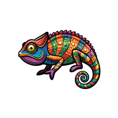 A vibrant chameleon, expertly camouflaged against a multicolored floral backdrop, showcasing its incredible adaptive coloration.